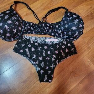 Floral Black and Pink Lingerie Set